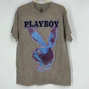 PLAYBOY Brown Tee with Blue Graphic